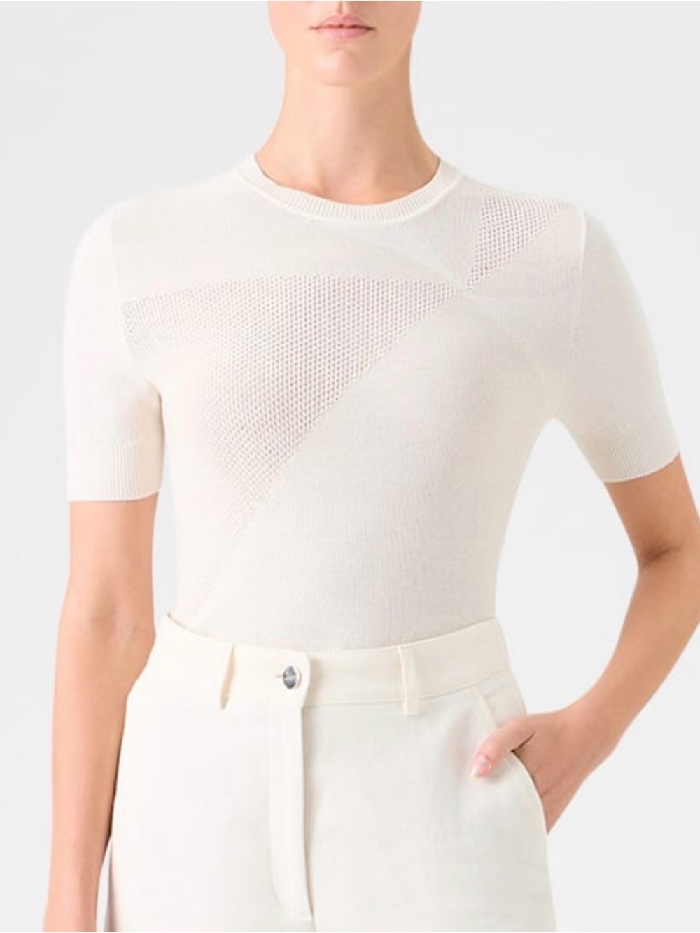 Akris Silk-Cotton Pointelle Knit Short-Sleeve Sweater